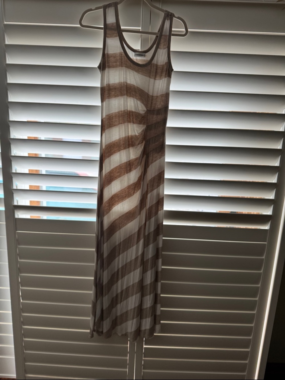 Calvin Klein Diagonal Striped Maxi Dress in Cream and Brown